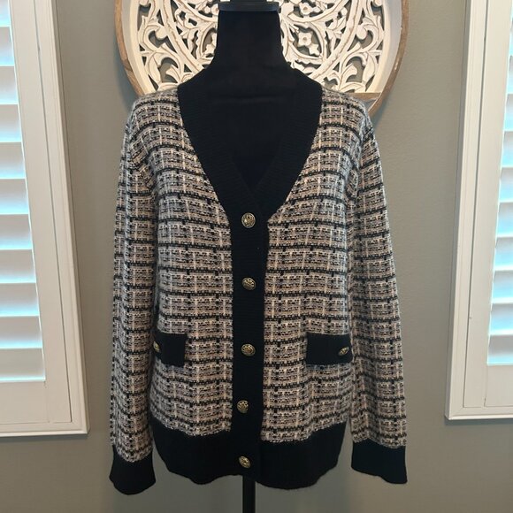 NWT C by Bloomingdale’s Cashmere Cardigan Tweed Button Down SZM Luxe Old Money - Picture 2 of 7